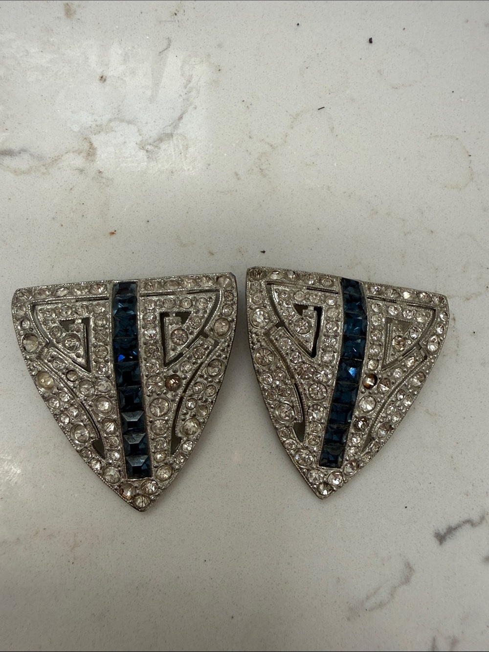 Vintage-signed Lisner 1940-1950 Blue and Silver Art Deco Shoe Clips